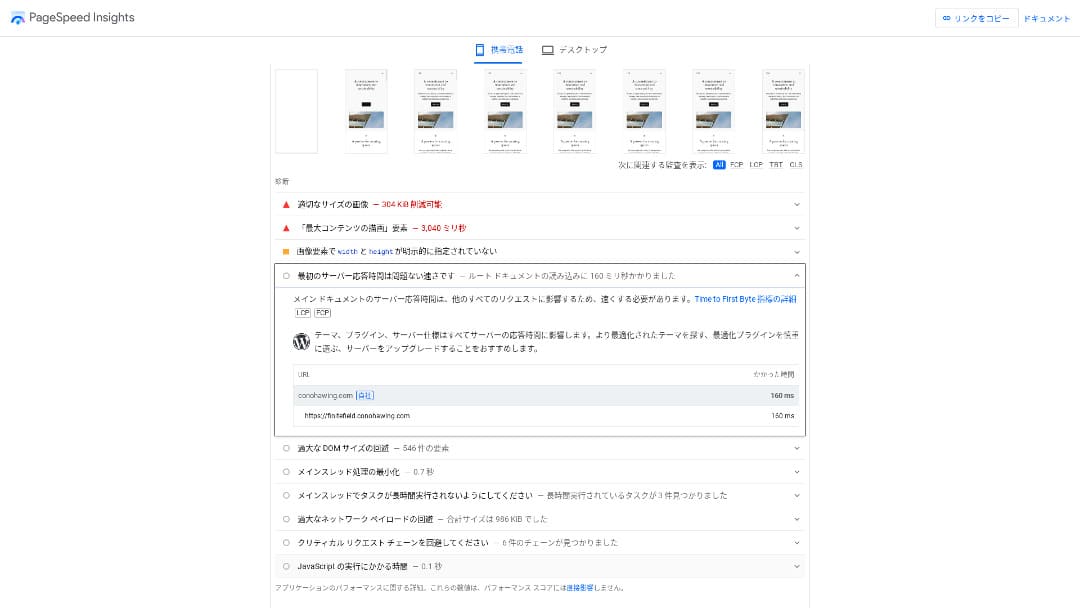 PageSpeed Insightsの診断詳細。現在の他社比較や、条件を揃えた反復測定の記録ではありません。