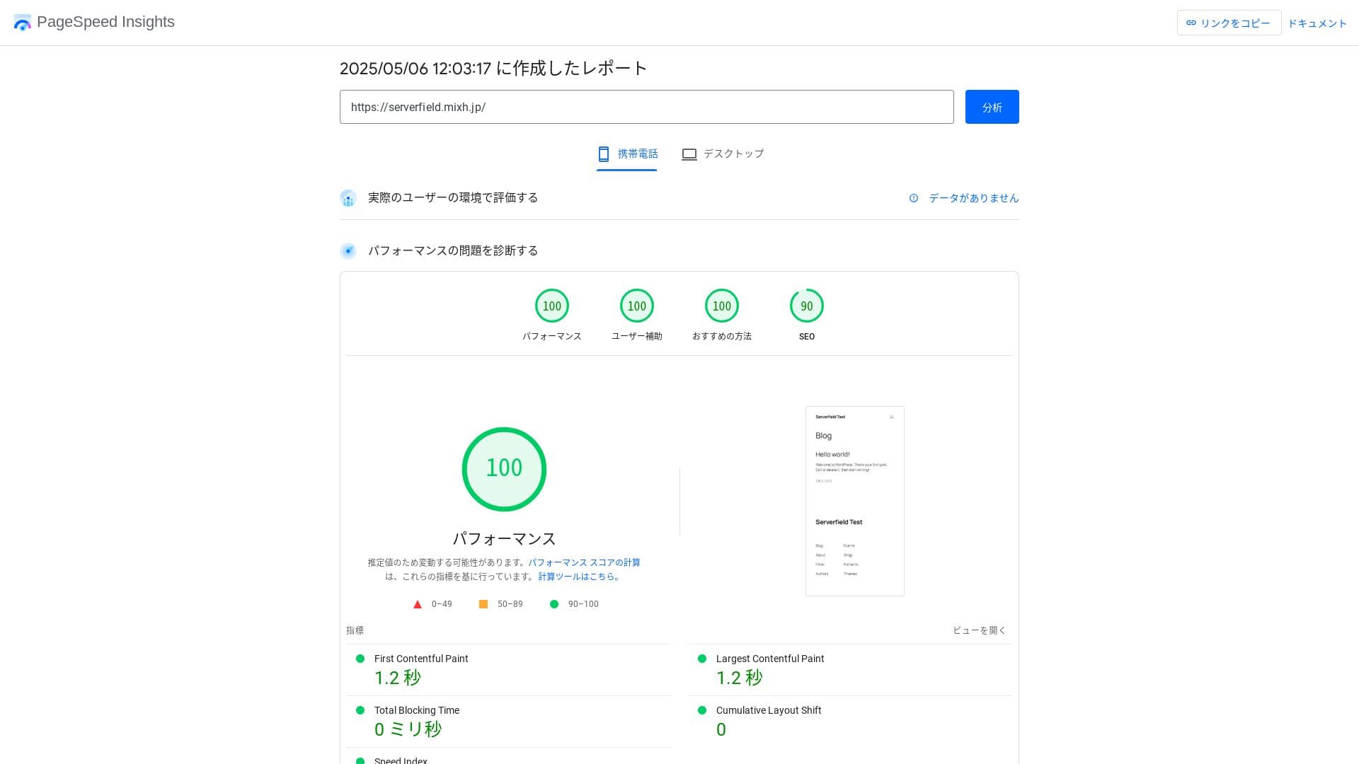 保存されたPageSpeed Insightsの測定結果。個別サイトの参考記録です。