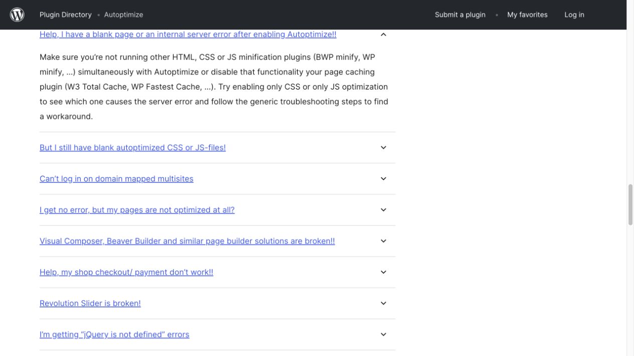 Autoptimize公式プラグインページが他のHTML、CSS、JavaScript最適化との同時利用を避けるよう案内する画面