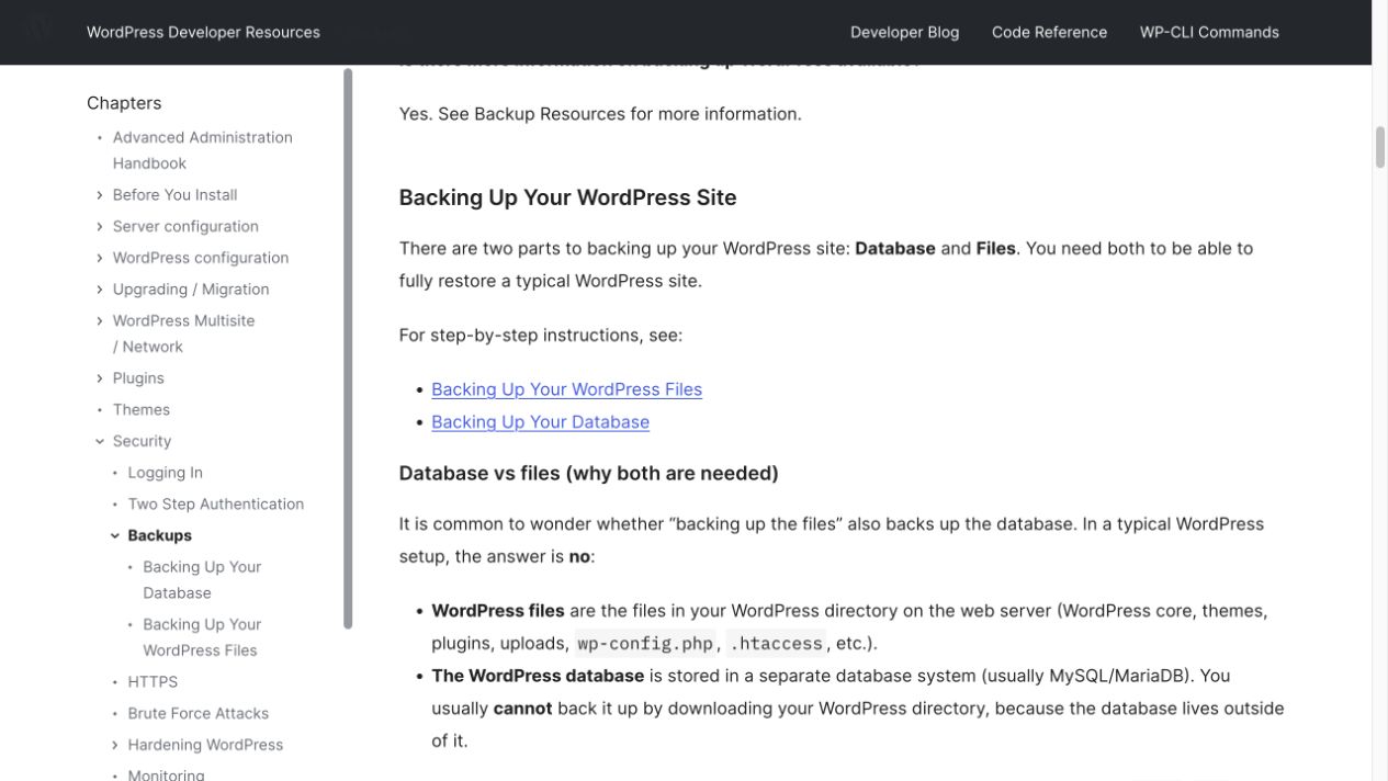 WordPress公式文書が完全復元にはデータベースとファイルの両方が必要と説明する画面