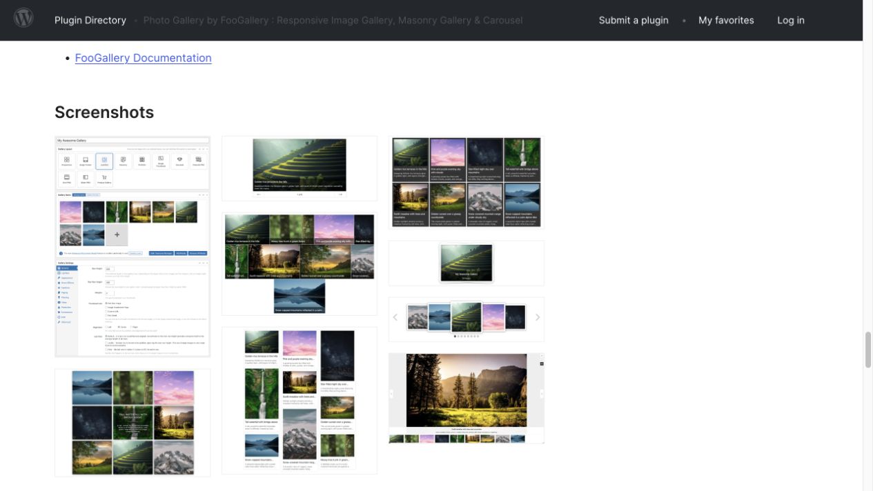 WordPress.orgのFooGallery公式ページに掲載されたギャラリー編集画面と複数レイアウトの表示例