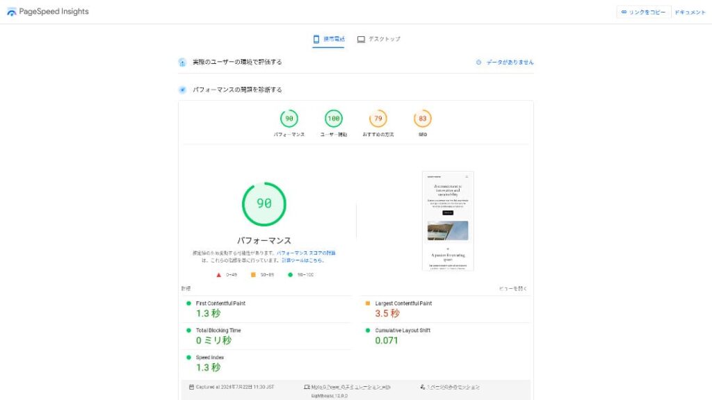 保存されたXServerビジネスのPageSpeed Insights画面。現在の速度順位には使用しない